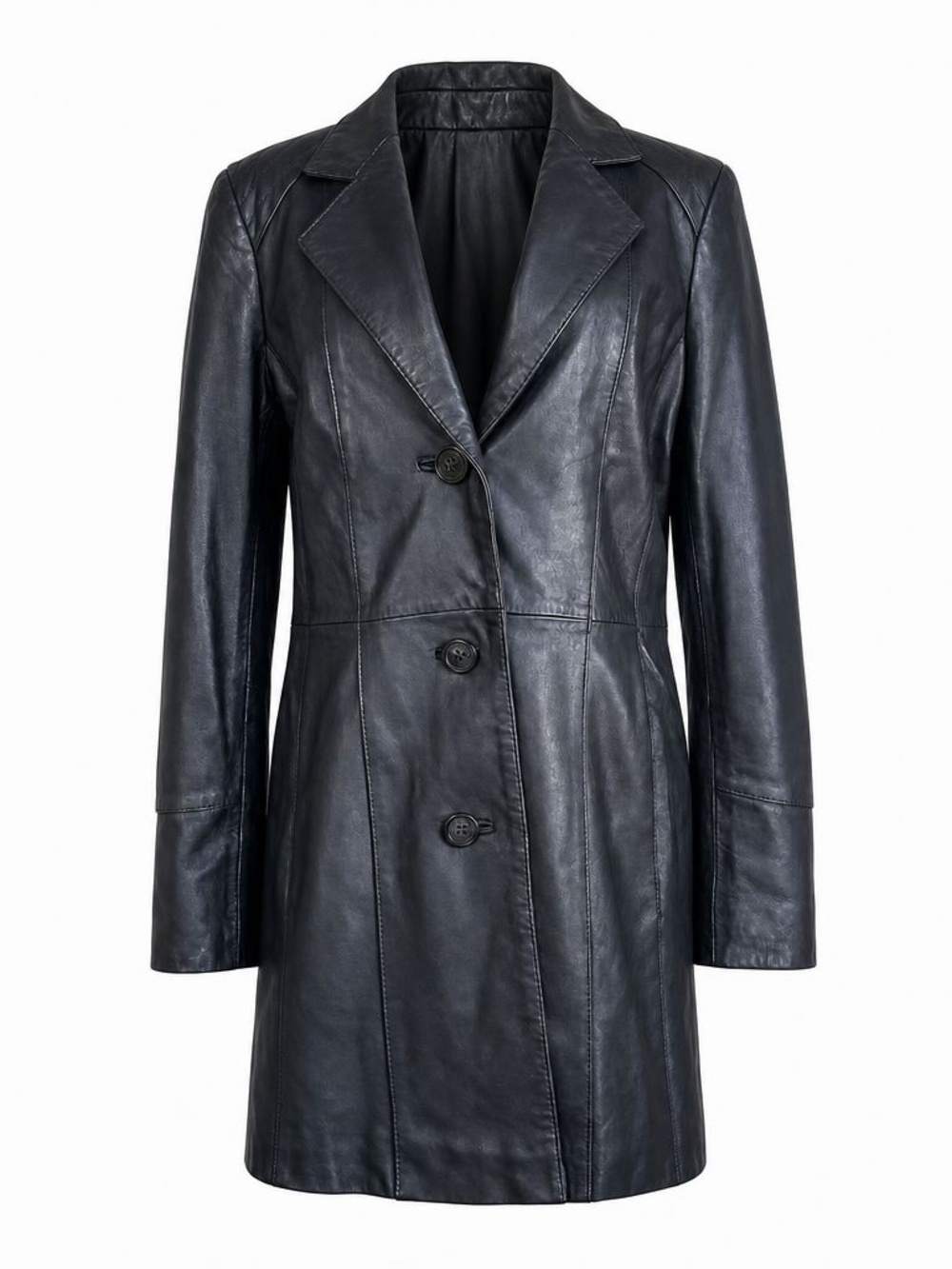 Anne Klein Black Genuine Leather Trench Coat Blazer Jacket Size M